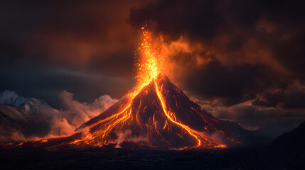 A massive eruption from a volcano, sending lava fountains soaring into the sky with fiery streaks and glowing ash clouds.