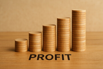An abstract representation of profit growth, featuring stacked wooden coins arranged progressively higher