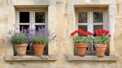 Naklejka premium Two terracotta pots of lavender and tulips sit on windowsills of an old stone building.