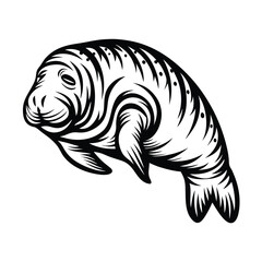 Manatee Outline, Stylized Aquatic Mammal, Black and White Sea Cow Silhouette, Marine Life