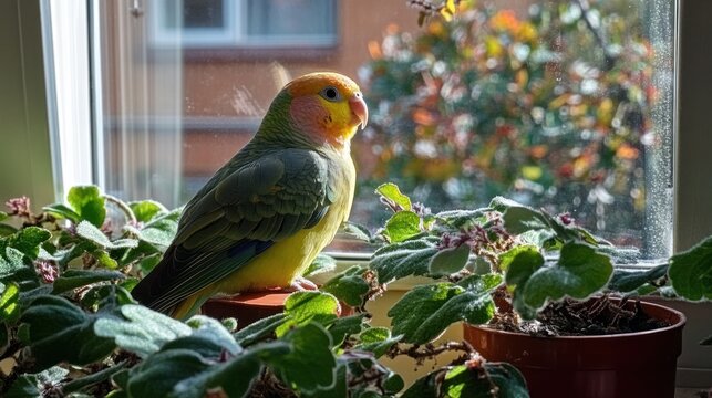 A yellow and green parrot sits on a pot amidst houseplants, basking in sunlight by a window.