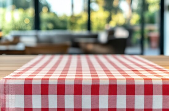 Rustic wooden table with red and white checkered tablecloth, out of focus background of a patio