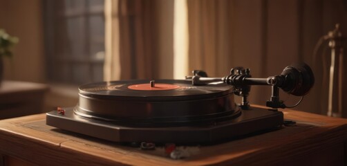 Fototapeta premium Warm glow bathes a vintage phonograph playing a vinyl record , brown, golden, analog