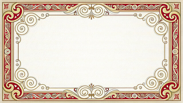 Elegant red and gold ornate frame with a textured off-white background, ideal for certificates or invitations.