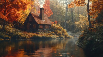 Charming Autumn Cabin by the Peaceful River Surrounded by Colorful Trees