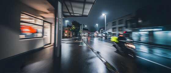 Wet city street at night with blurry motion and street lights.