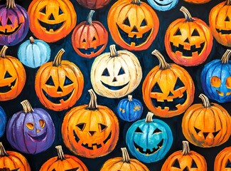 A wall full of smiling pumpkins, painted in vibrant colors and intricate designs.