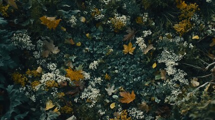 Autumnal ground cover of fallen leaves and wildflowers.