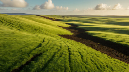Obraz premium landscape photo with wide green grass and blue sky surrounded by clouds