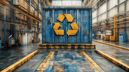 Industrial recycling facility showcasing a large blue container with a prominent recycling symbol