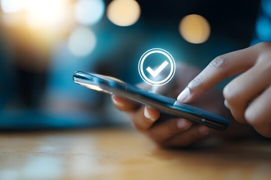 Mobile Payment Security Protection. Person using a smartphone for secure online payment, featuring a payment confirmation icon. Safe online transactions and digital financial protection.