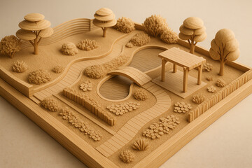 A beautifully crafted wooden landscape featuring trees, a winding path, a decorative bridge, and serene ponds, showcasing the artful representation of nature in a miniature setting