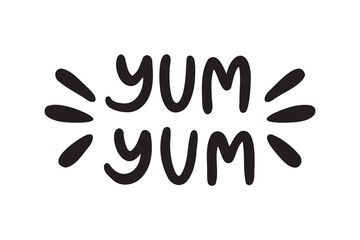 Yum Yum text lettering. Printable graphic. Design doodle for print. Cartoon hand drawn calligraphy style