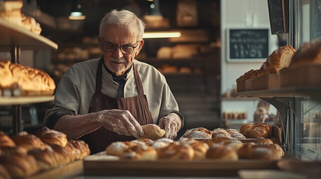 Elderly baker creating fresh pastries in a warm bakery, showcasing craftsmanship and dedication to quality ingredients.