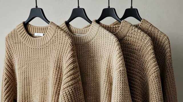 Cozy sweaters on a hanging rack: fashion display in minimalist setting for modern wardrobe organization