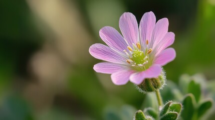 Delicate pink blossom fuzzy green stem