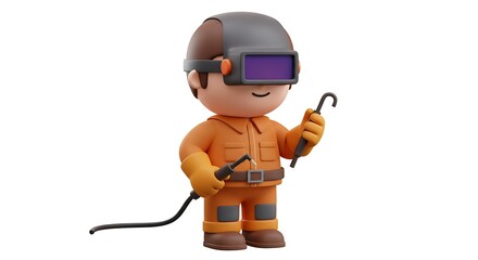 Fototapeta premium Cartoon Welder Standing with Welding Torch and Hook
