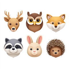 Fototapeta premium Cute forest animal icons featuring deer, owl, fox, raccoon, rabbit, and hedgehog