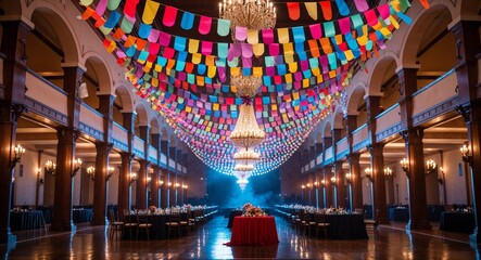 Obraz premium Party streamers hanging from ceiling in ballroom background