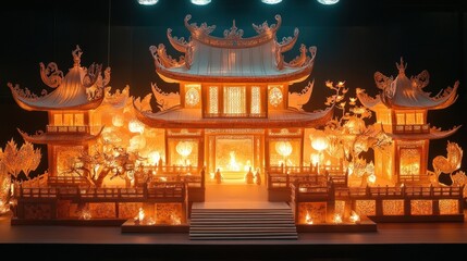 Asian temple model, lit