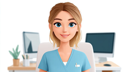 Smiling virtual nurse avatar in blue scrubs sitting in modern office setting