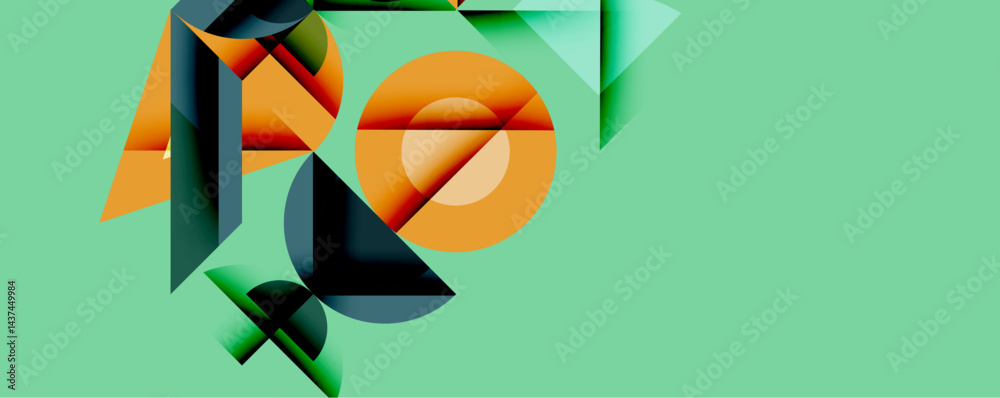 Poster Abstract geometric composition. Overlapping shapes create dynamic visual interest. Orange, teal, dark blue hues dominate light green background. Modern design elements present.