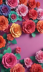 Fototapeta premium Multi-sized paper roses, colorful gradient backdrop, blue, wedding, rose