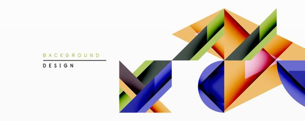 Abstract geometric shapes overlap, creating vibrant colorful design. Modern style utilizes gradients, angles, layering for dynamic visual effect. Clean background enhances composition.