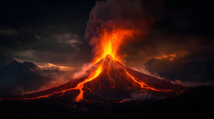 A massive volcanic eruption with red lava fountains and glowing embers lighting up the night sky with fiery brilliance.