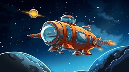 Cartoon spaceship illustration on a blue background with space for custom text, playful and creative design.


