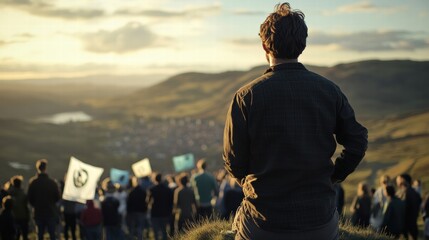 A person stands on a hill, looking at a peaceful sunset. A crowd gathers below, holding flags and signs for hope and change.