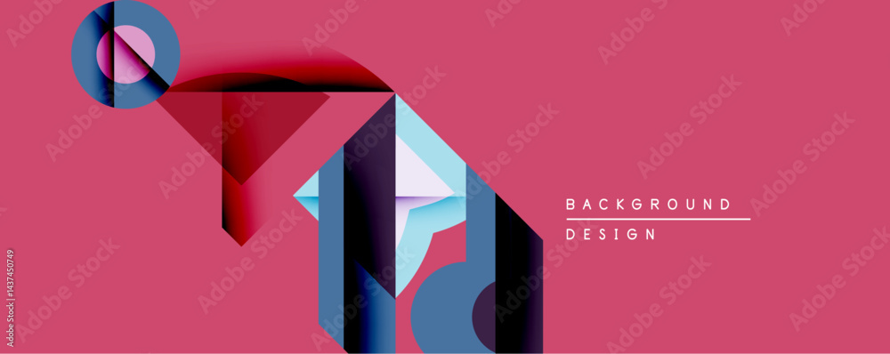 Poster Abstract geometric design features overlapping shapes, vibrant colors. Red background complements blue, purple elements creating modern visual impact. Minimalist style.