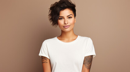 Obraz premium Studio portrait of a cute young woman in white T-shirt, ideal for fashion or advertisement use.