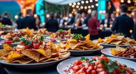 Fototapeta premium Plates of nachos and snacks on serving table at event background