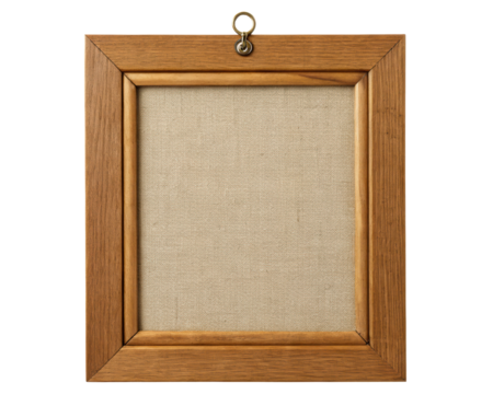 Wooden photo frame with empty textured canvas on a transparent background