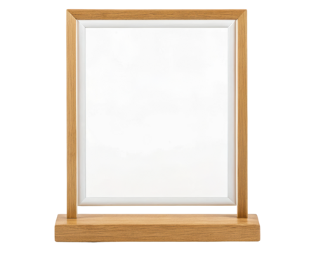 Minimalist wooden table frame with blank whiteboard on a transparent background