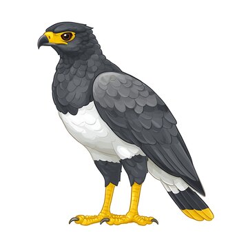A detailed illustration of a black-chested buzzard-eagle with a black and white plumage, a yellow beak, and yellow talons