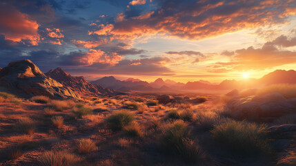 A scenic view of desert landscape with beautiful sunset for background