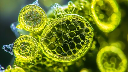 Detailed microscopic view showcases the diversity of green algae cells. 