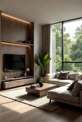 Fototapeta premium Serene Modern Living Room Design with Abundant Natural Light and Stylish Furnishings