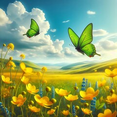 Green butterflies flying over yellow wildflowers in a meadow on a bright sunny day