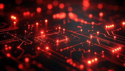 Red illuminated circuit board, glowing pathways