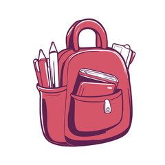 A cartoon school bag icon in red colour