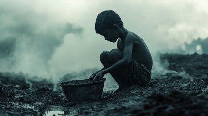 Obraz premium Child laborer in a polluted environment