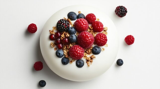Delicious yogurt parfait topped with berries and granola