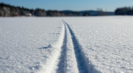 Snow-covered landscape with ski tracks under bright blue sky  