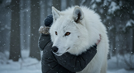 Obraz premium Influencer Hugging a Giant Dire Wolf in a Magical Snowy Forest