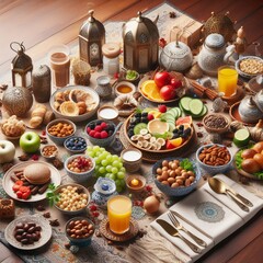 A lavish Iftar feast table set with traditional Middle Eastern food, drinks, and lanterns, celebrating Ramadan