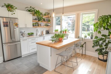 Fototapeta premium Modern kitchen island, plants, sunlight, hardwood floors, home interior design
