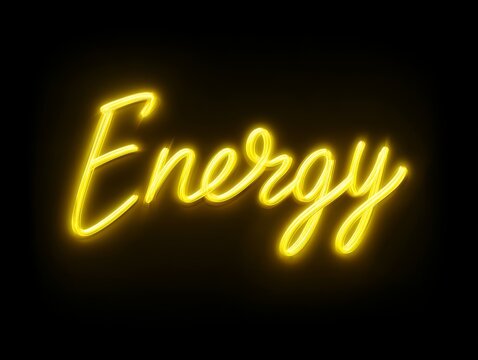 energetic script text "Energy" in neon yellow, glowing softly, isolated on black background